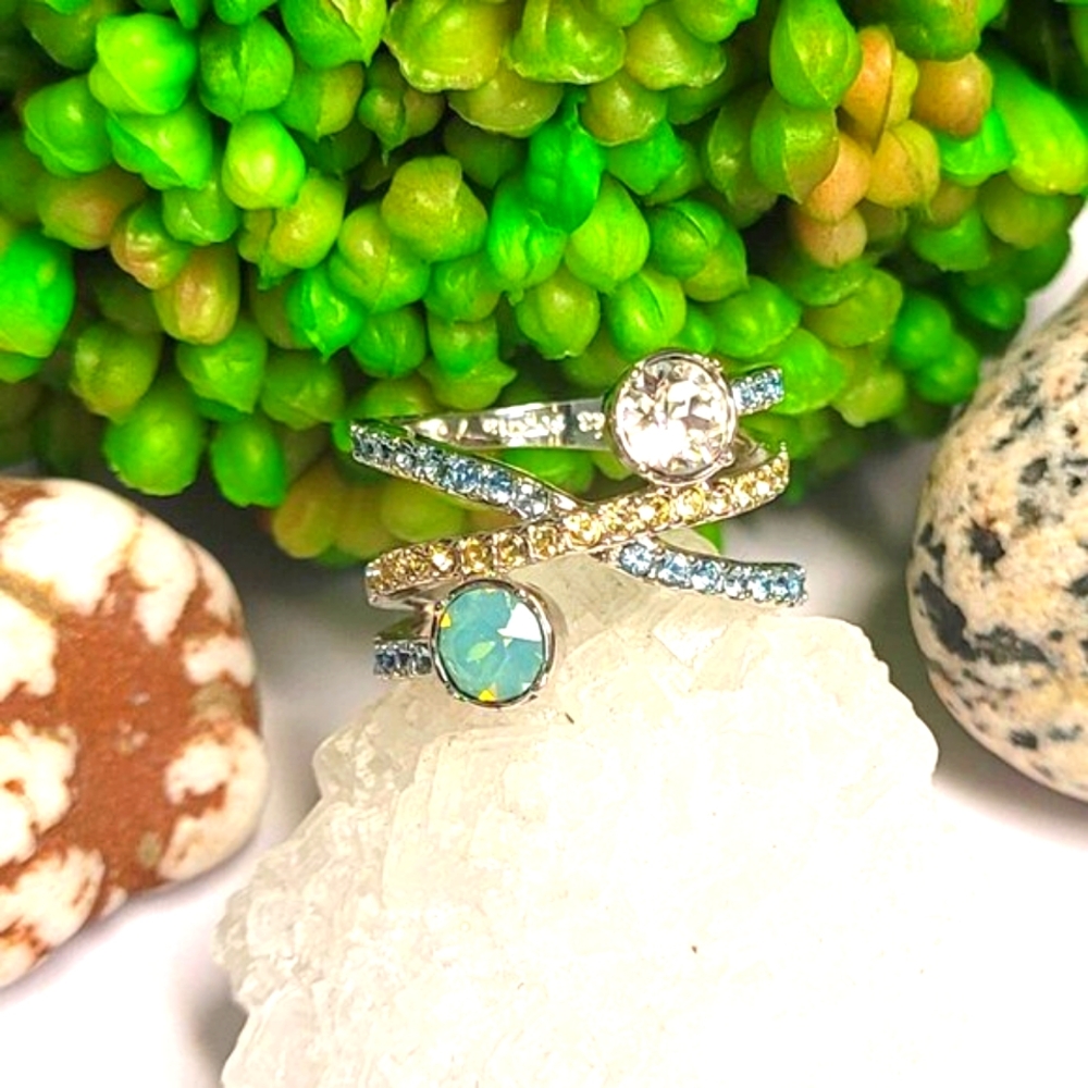 Lia Sophia Silver-Tone Aqua and Clear Crisscross Crystal Ring - Picture 3 of 5